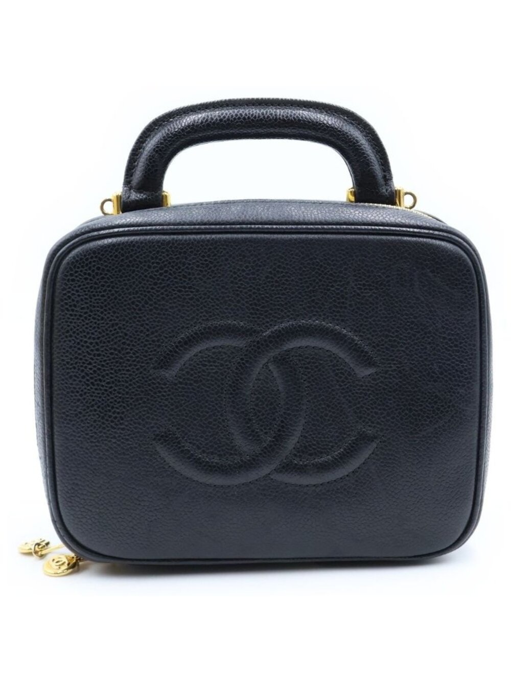 Chanel CC Logo 2-Way Vanity Bag Handbag Black Caviar Leather